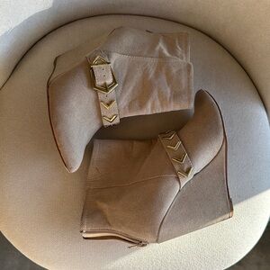 Tan Suede Ankle Booties with Block Heel